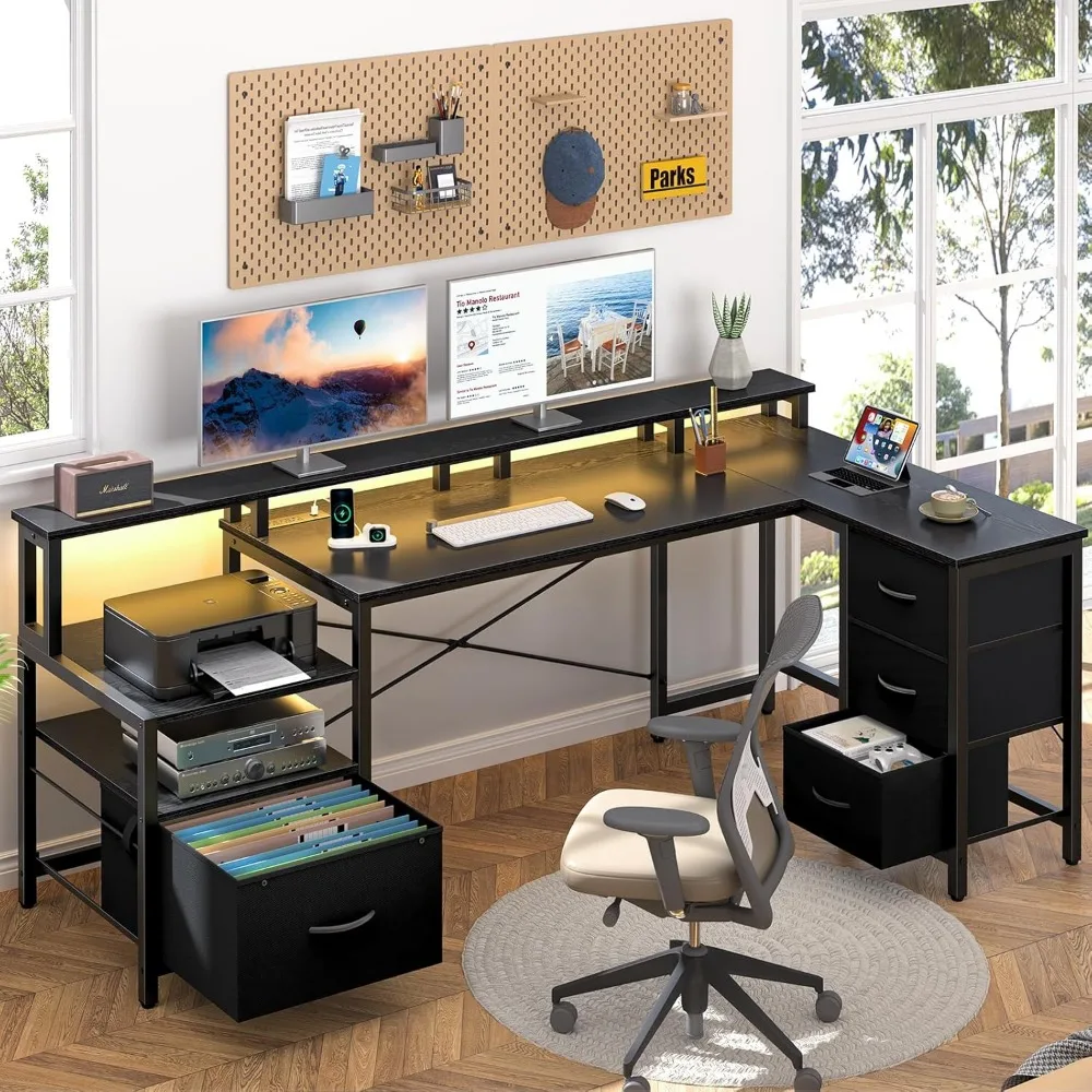 LShaped Desk with Drawers, Gaming Desk with LED Lights& Outlets,Reversible Computer Desk with Storage File Cabinet&Printer Stand