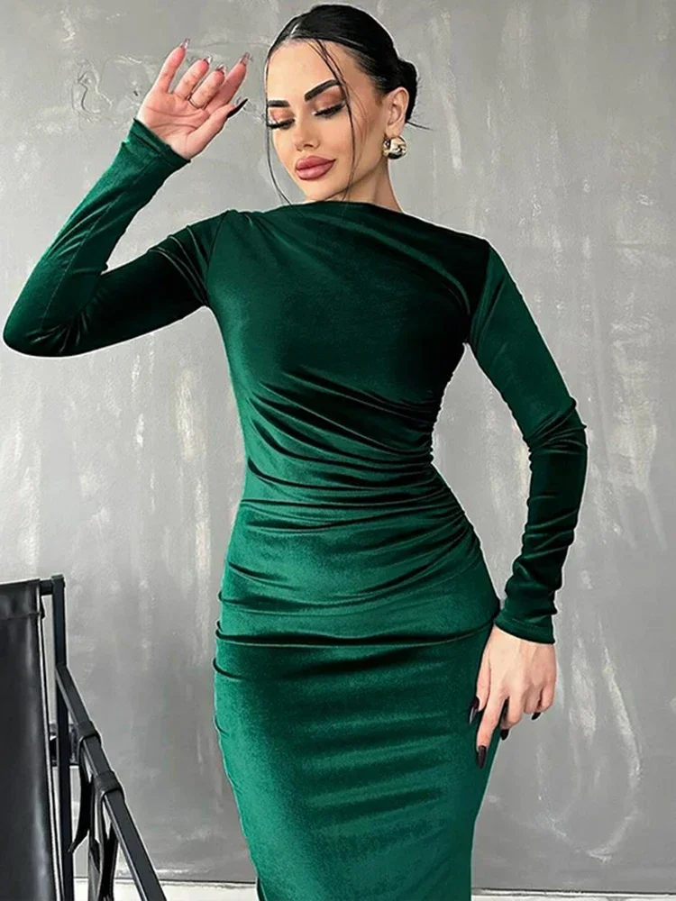 

2025 Spring Summer Velvet Long Sleeve Midi Dress For Women Ruched Long Dress Elegant Party Clothes Evening Green Outfits