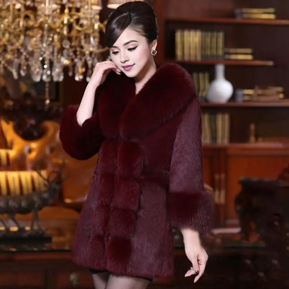 Plus Size Overcoat Long Plush Jacket Elegant Mid-aged Women's Fuzzy Faux Fur Overcoat with V Neck Elastic Waist for Cold-proof