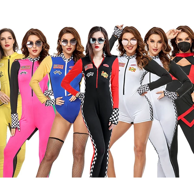 Dla kobiet dziewczęcy kombinezon wyścigowy seksowna kobieta wyścigowa Cosplay kostium na Halloween samochód wyścigowy kostiumy dla kierowców z długimi rękawami impreza