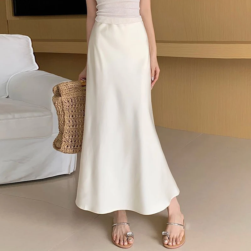 

Summer Women Slim Fit Thin Acetate Satin Skirts Hot Sale Girls Classic Midi Dress Lady Fashion Korean High Waist Skirts