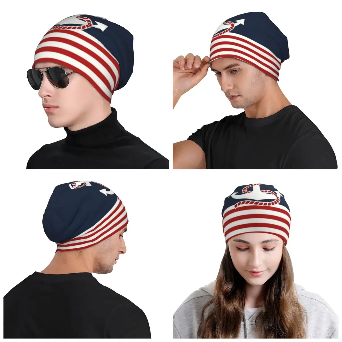 Navy Blue Stripes Nautical Anchor Boat Bonnet Hat Knitting Hat Men Women Fashion Unisex Adult Winter Warm Skullies Beanies Caps