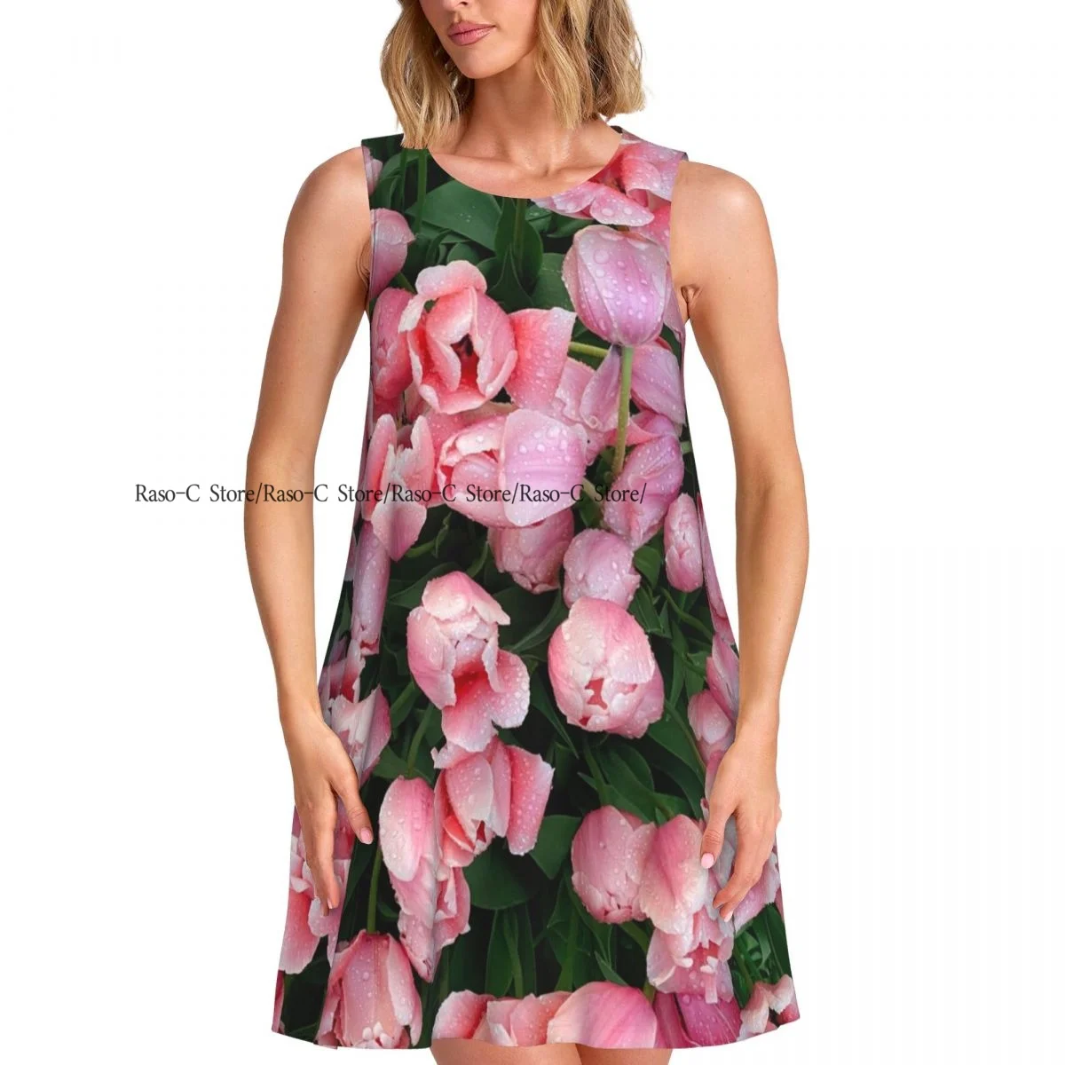 Abito da donna Tulipani rosa con gocce T-shirt casual estiva Copricostume da spiaggia