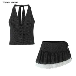 2025 Sexy Black White Polka Dot Print Lace Halter Tank Top + Tie Bow Lacing Up Waist Ruffles Irregular Mini Skirt 2 Pieces Set