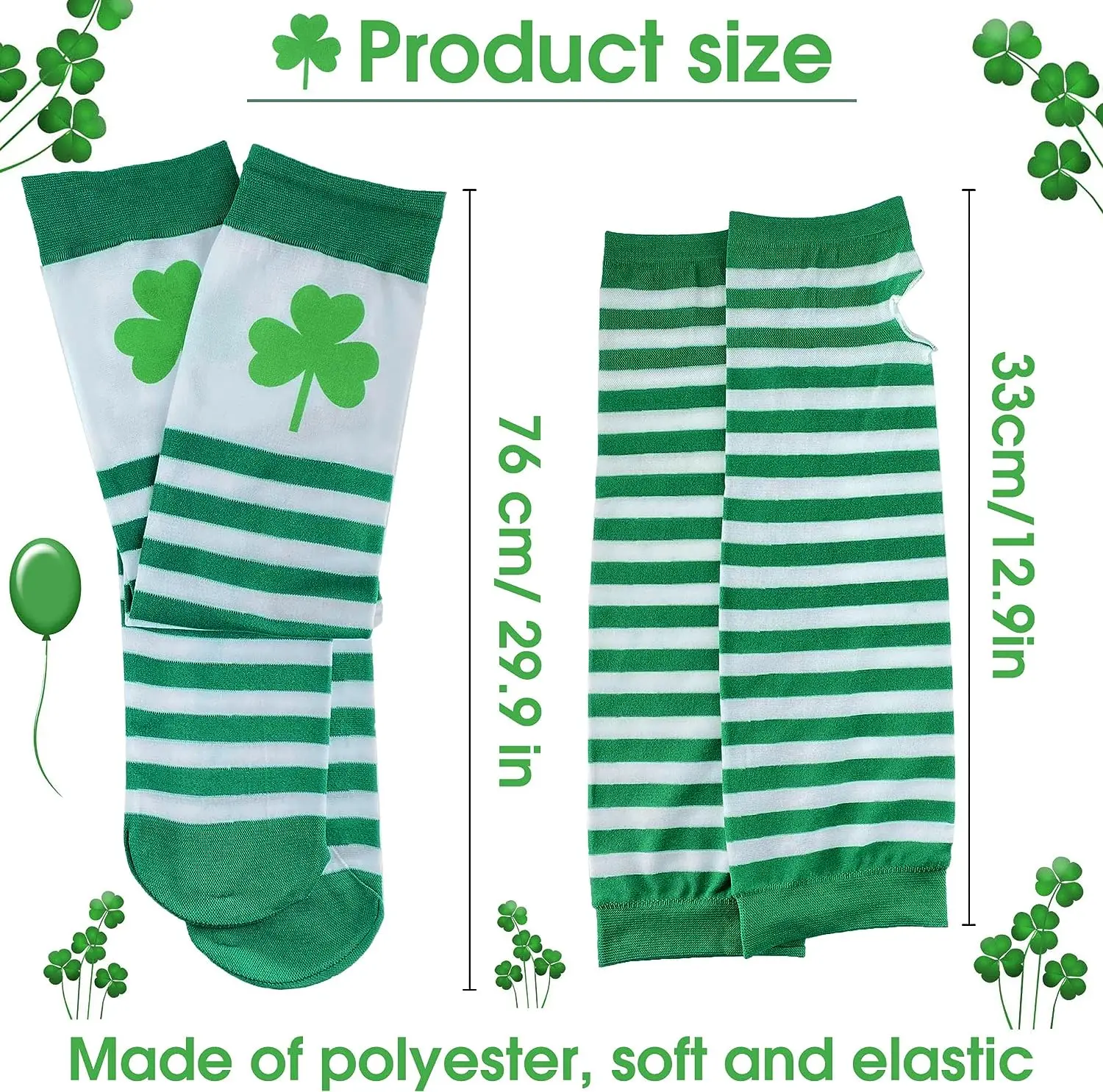 Pesenar Stripe Shamrock High Socks Green White Striped Arm Warmer Women Costume Accessories for Saint Patrick Party