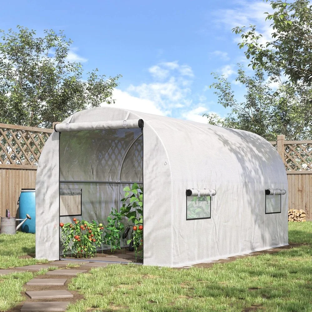 10' x 7' x 6' Walk-in Tunnel Greenhouse, Large Greenhouse with 2 Roll-up Zipper Doors & 6 Roll-up Windows for Plants, W