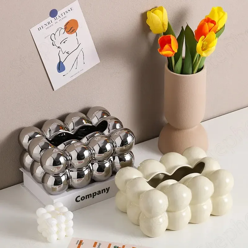 Cotton Ball Decorative Ceramic Tissue Boxes Nordic Modern Gold Silver Plating Process Napkin Holder Home Coffee Table Ashtray