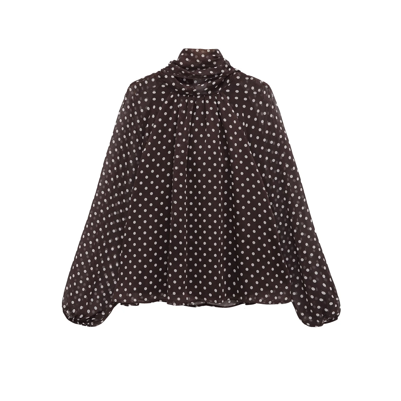 Camicia a maniche lunghe da donna con stampa a pois Colletto alla coreana autunnale Camicetta elegante in chiffon Top elegante allentato con volant di lusso