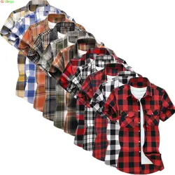 Camisa de manga corta a cuadros a rayas para hombre, Camisa de algodón con cuello cuadrado de un solo pecho, Camisa informal a la moda de verano, 7XL