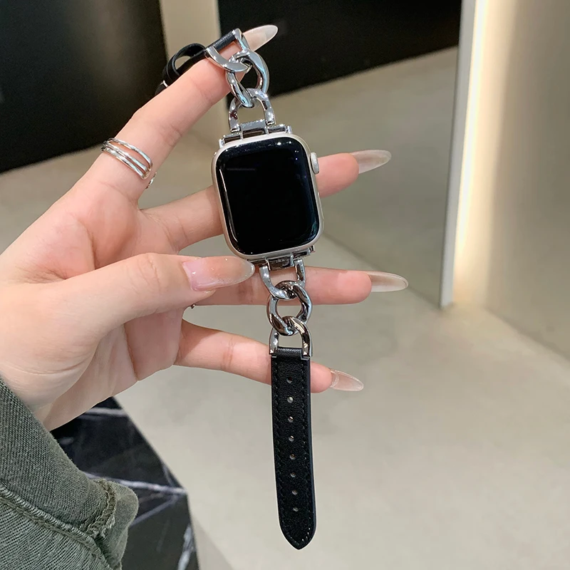 Leather Strap for Apple Watch 10 Band 46mm 42mm 44mm 40mm 41mm 45mm Women Stainless Steel bracelet iWatch Series 9 8 SE 7 6 Belt
