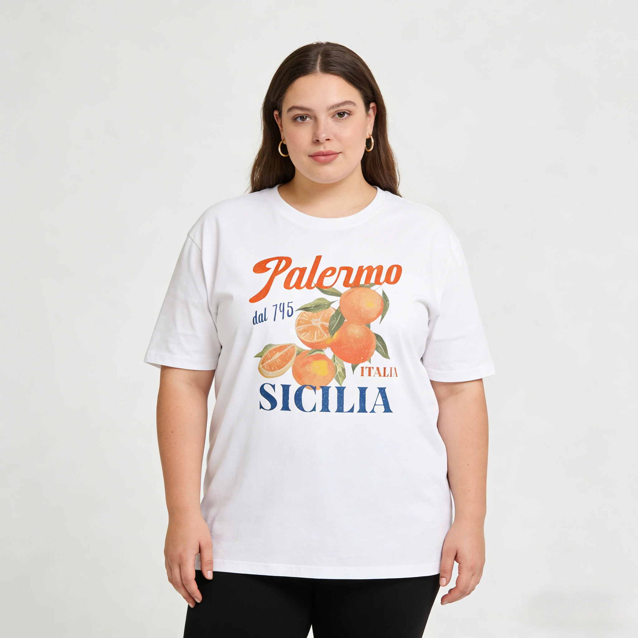 

Plus Size Women Tshirt Palermo Italy Sicilia Print Shirt Vintage Cotton Short Sleeve T-Shirt Vibrant Orange Citrus Graphic Top