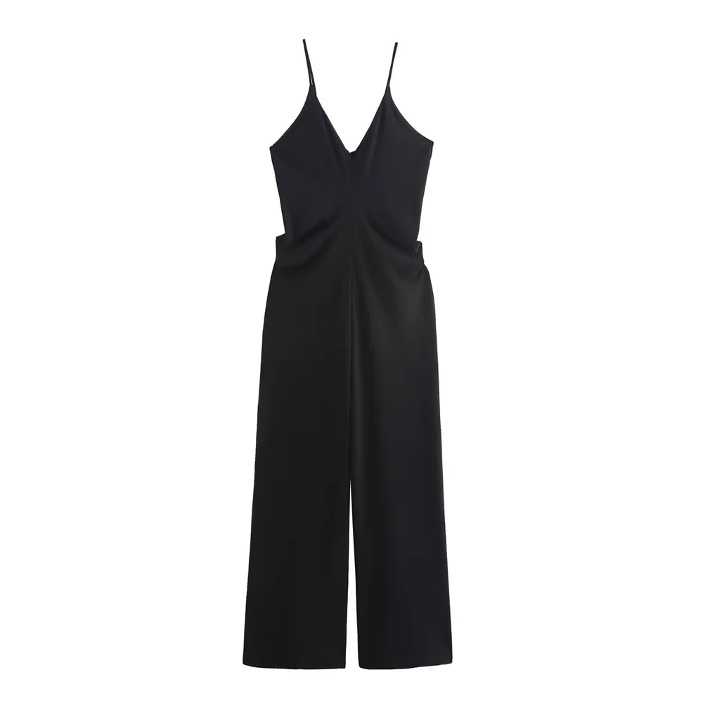 

Zach Ailsa Autumn New Women's Casual Fashion Style Solid Color Sleeveless Crepe V-neck Strap Long jumpsuit