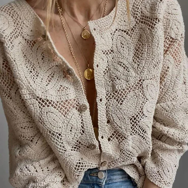 2024 Women Casual Long Sleeve Solid Color Tops Elegant Embroidery Hollow Out Kintted Shirts Fashion Single Breasted Loose Blouse