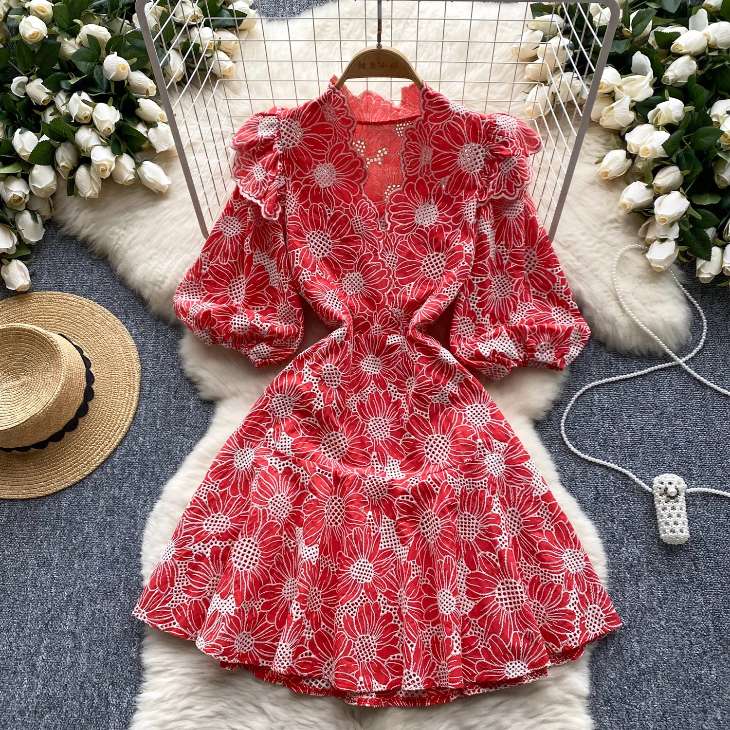 Retro v neck embroidery Lantern Sleeve print Elegant summer  Dress A-line Flare Sleeve Vacation print Women dresses