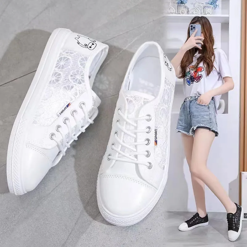 Ladies Canvas Shoes Small White Shoes Lace Breathable 2023 New Summer Student Mesh Casual Lace-up Black Flat Shoes Sports Shoes