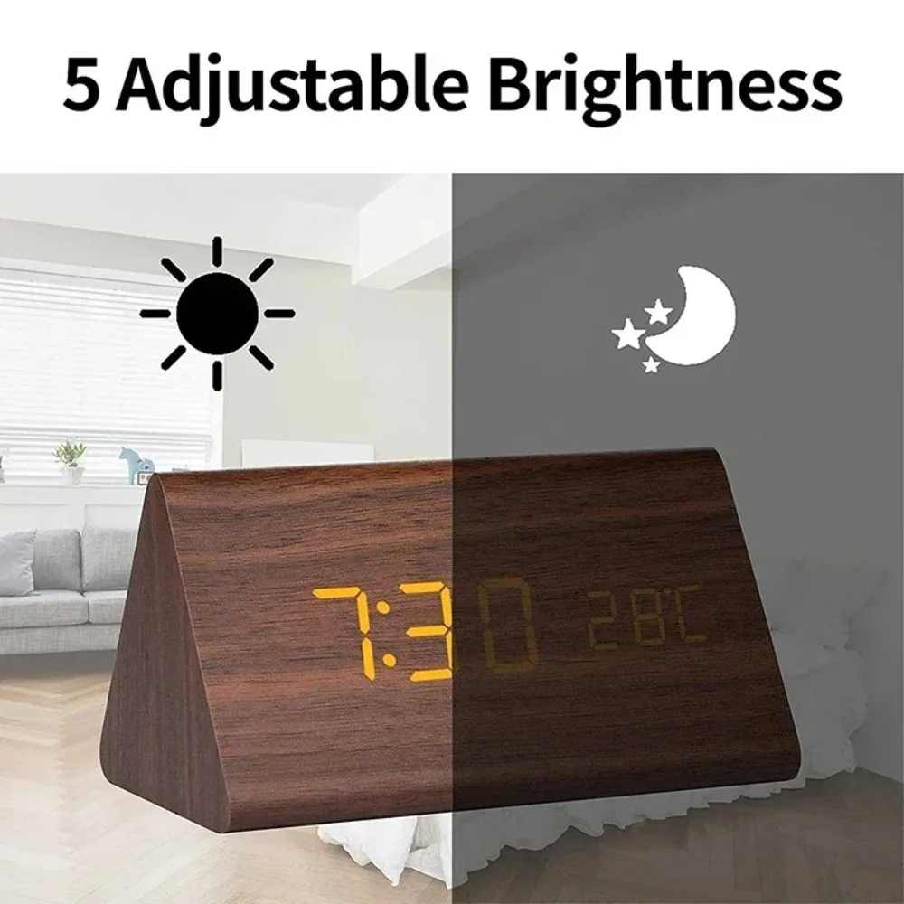 Digital Clock Wooden Sound Control LED Alarm Clock with Temperature USB Desktop Clocks Home Table