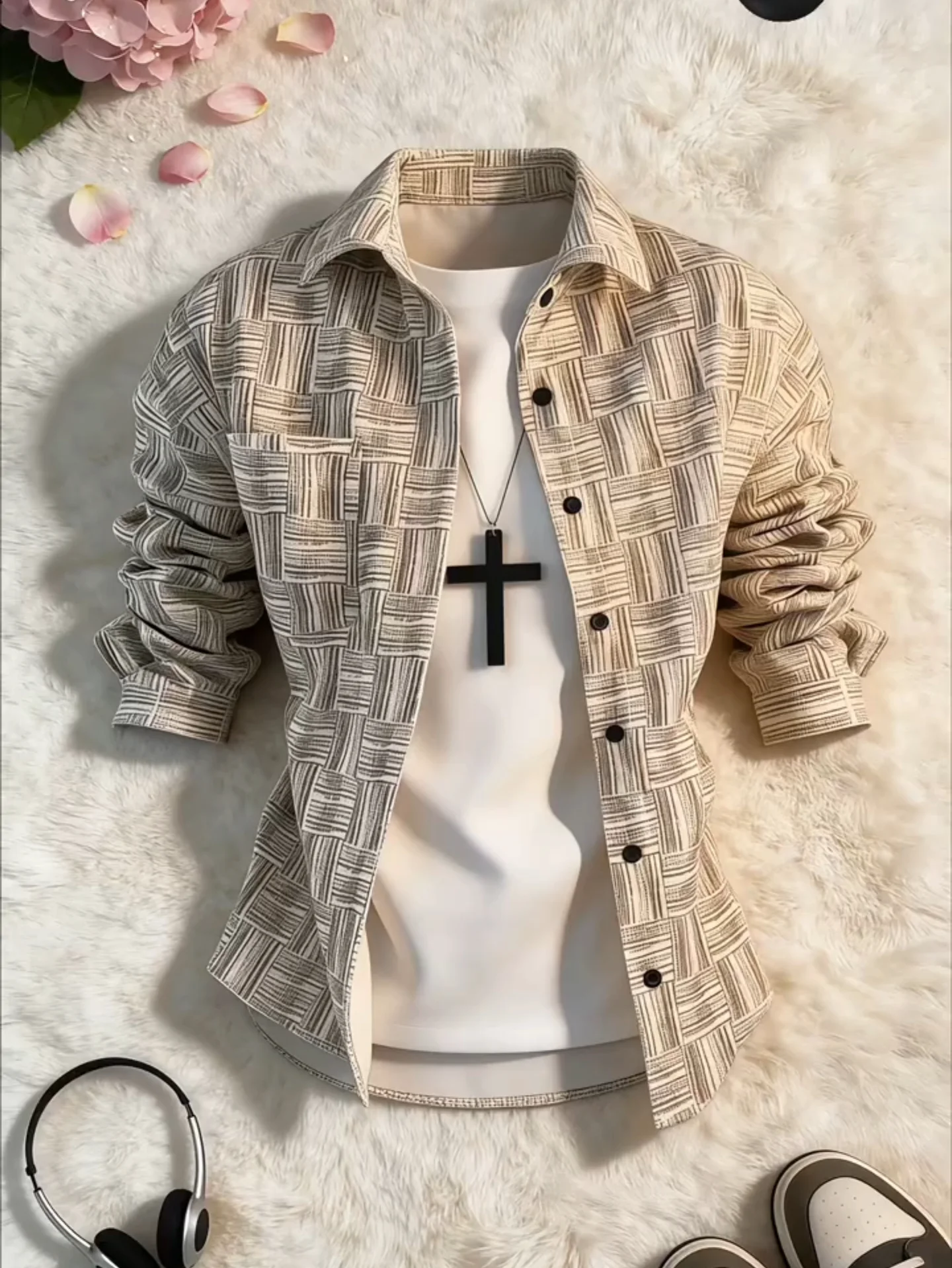 Men's Long Sleeve Shirt Tie Dye Texture Plaid Casual Wear Layering Outerwear Spring Autumn American Retro Couple's Shirt