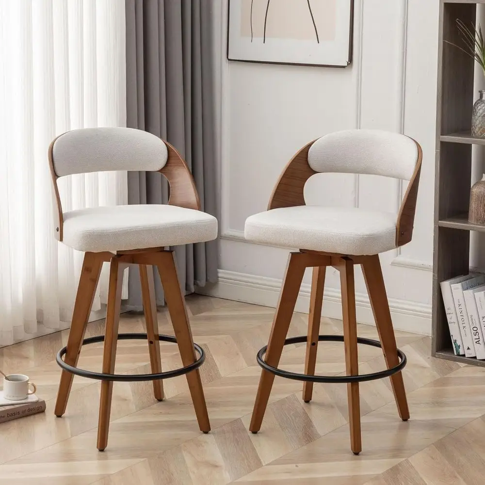 

Upholstered Swivel Bar Stools Set of 2, 30.3 High with Backrest and Wood Legs (Beige Fabric)