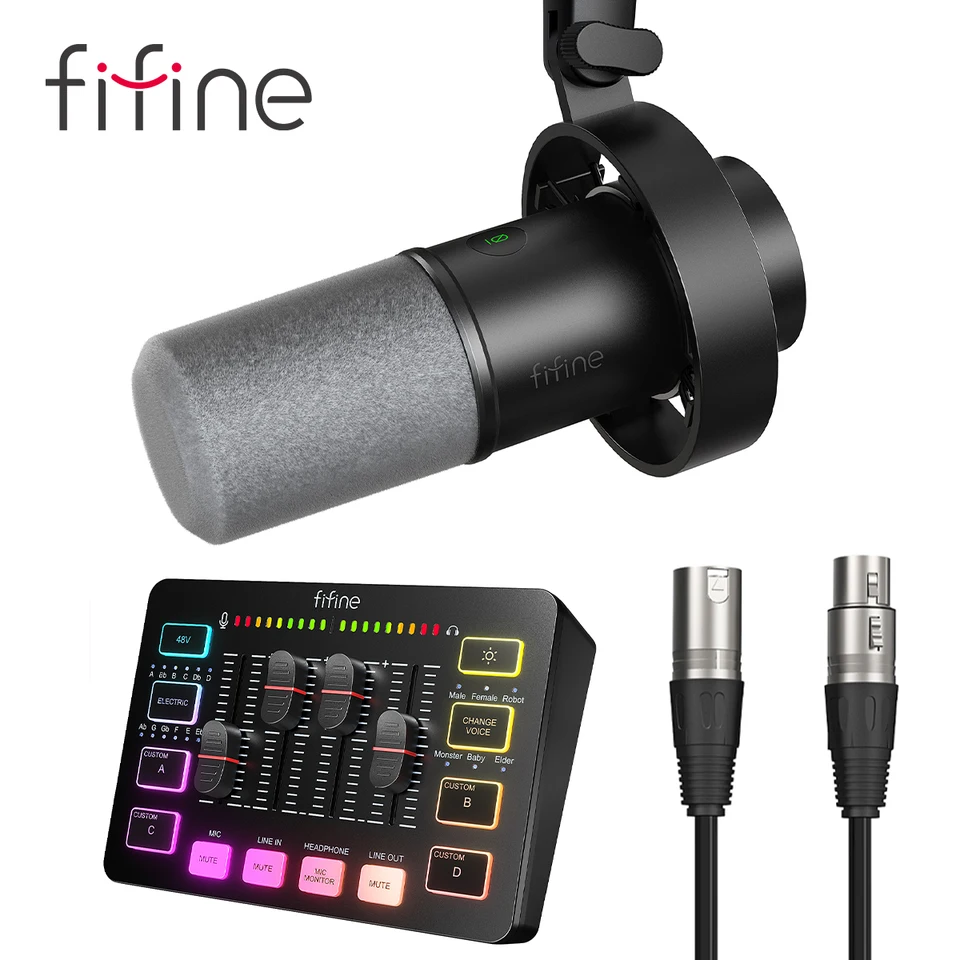 FIFINE SC3 4-Channel RGB Audio Mixer with K688 Microphones
