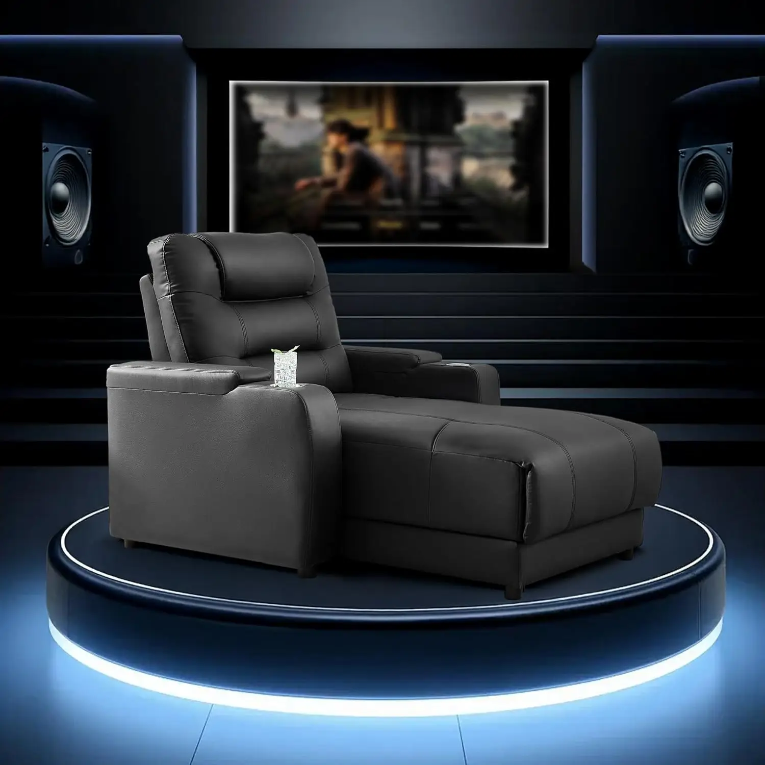 Black Leather Recliner Sofa For Home Theater Power Reclining Cup Holder Chair With Row 1 For Living Room Coffee Tables