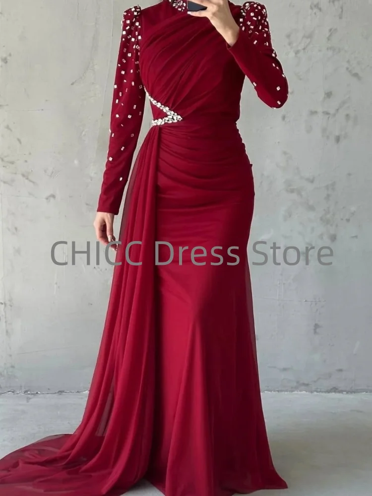 Мусульманские вечерние платья с высоким воротом и длинным рукавом, женское платье русалки со шлейфом и бисером, плиссированное вечернее платье для выпускного вечера по индивидуальному заказу