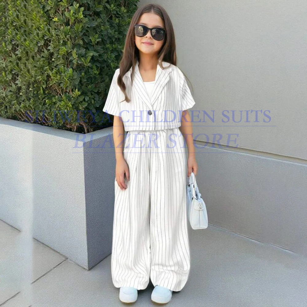 

Cute Girls Clothind Suits White Pinstripe Single Breasted Short Sleeve 2 Piece Jakcet Pants Set Formal Children Tops With Buttom