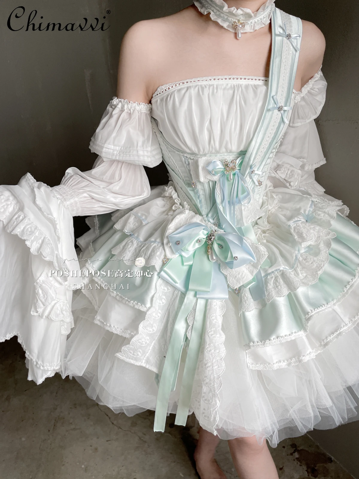 

High-end Sweet Sexy Girl Dress Set Spring Summer New Ji Sleeve Top Satin Heavy Waist Seal Cute Trailing and Culottes Lolita Sets