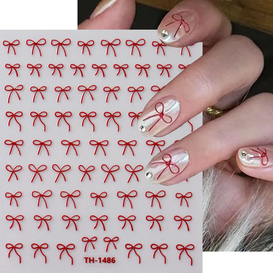 2pcs Cartoon Mini Ribbon Bow Slider 3D Japanese Red Bowknot Nail Stickers New Year Lovely Korean X-Mas Starlight Manicure Decals