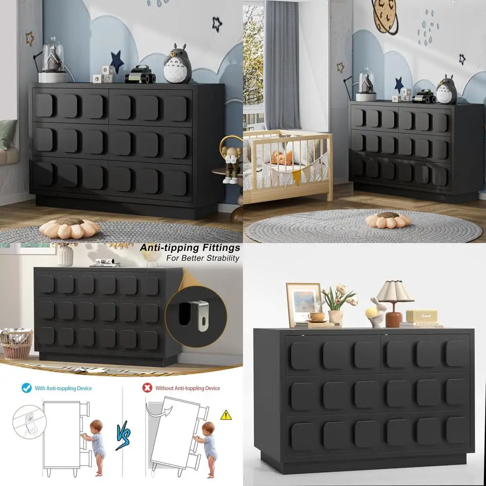 

Black Baby Dresser or Bedroom Furniture with 6 Drawers, Storage and Organization Unit featuring Square Knobs for Nursery or Kids