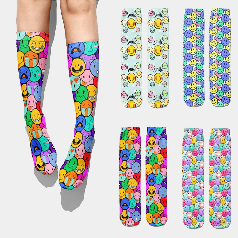 Calcetines largos con estampado de expresión divertida para mujer, medias Kawaii, Harajuku, cómodas, para Halloween, superventas