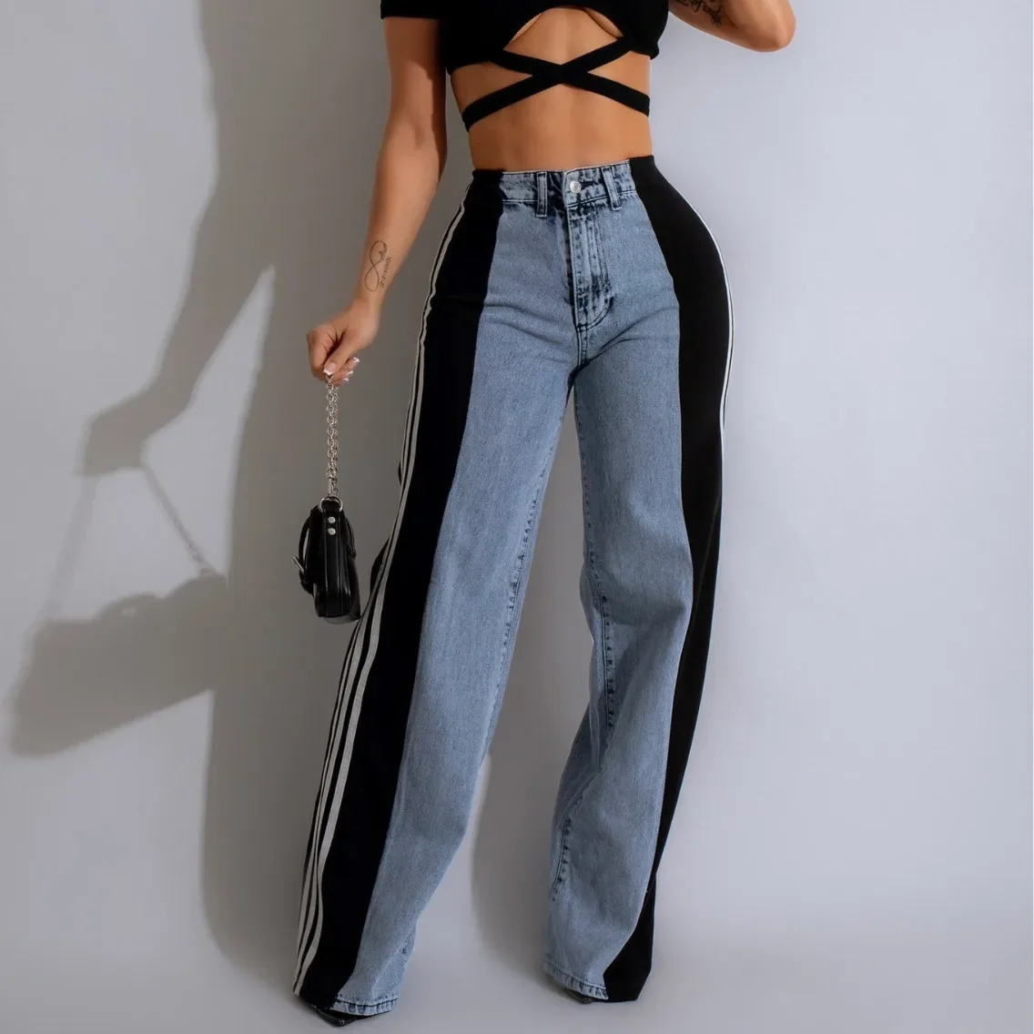 Sideseam Striped Wide Leg Jeans Women High Waist Stretch Denim Pants Patchwork Colorblock Straight Trouser