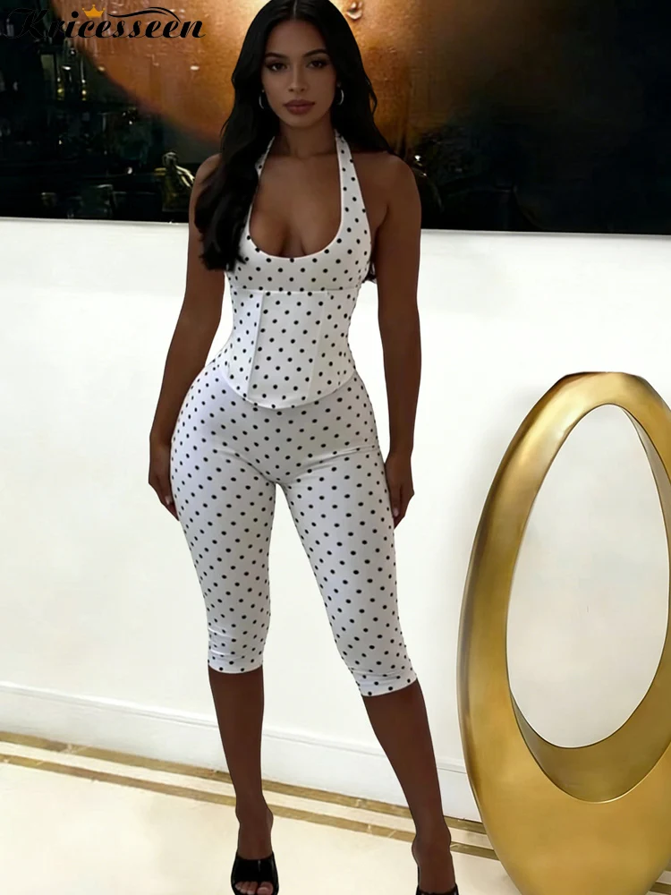 

Kricesseen Women Polka Dot Halter Short Jumpsuit Sexy Lace Up Backless Bodycon Romper Summer Sleeveless Corset Skinny One Piece
