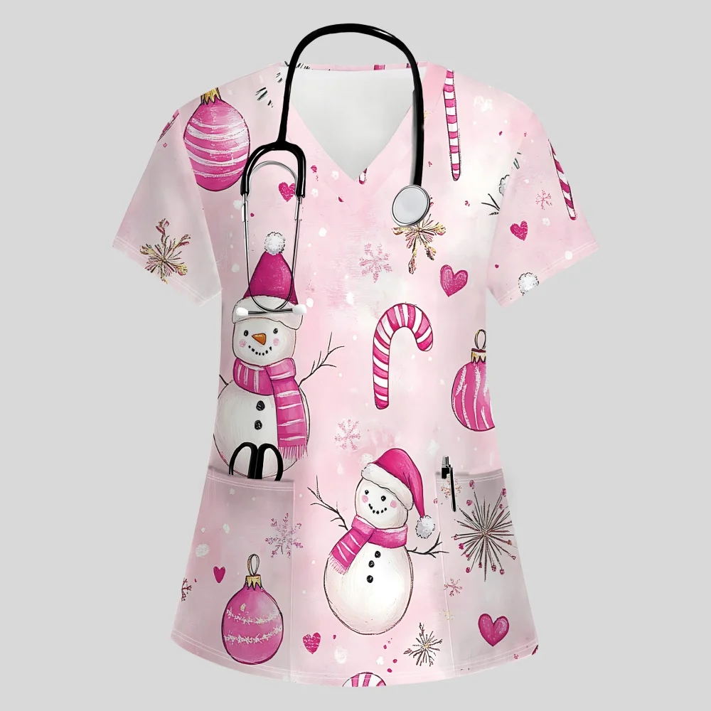 Scrub Uniform Woman Christmas Elements Full of Print Fashion Pocket V-Neck T-Shirt Commuting Vet Dentist Women's Medical Uniform