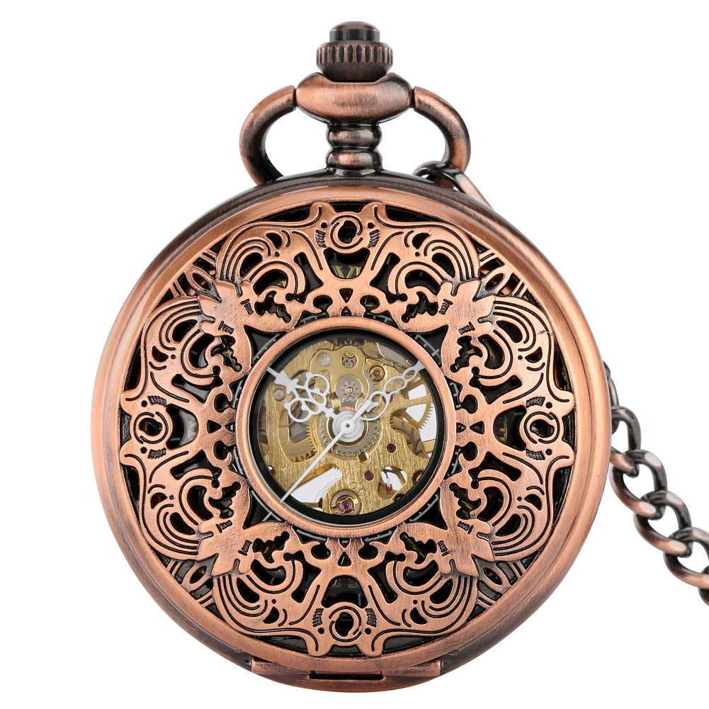 

Red Copper Hollow Out Mechanical Pocket Watch with Chain Mechanical Hand Winding Pendant Pocket Clock Retro Timepiece Gift Men