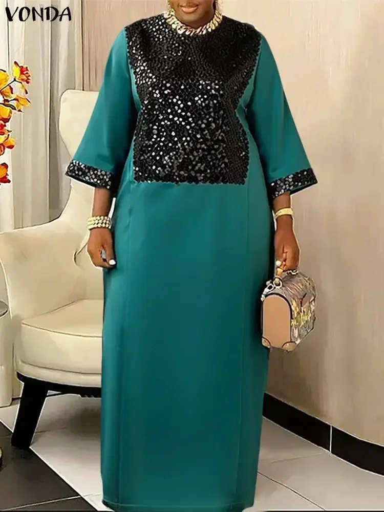 Mulheres plus size vestido vonda boêmio festa vestidos longos lantejoulas emenda maxi vestidos senhoras moda 3/4 manga cetim robe 5xl