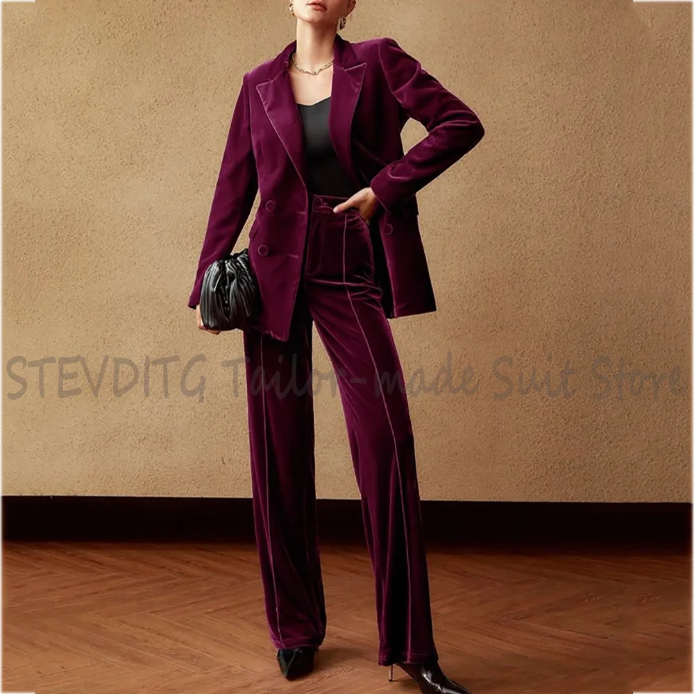 

Modern Chic Velvet Women Suits Long Sleeve Peak Lapel Double Breasted Business Office Wear Soft Fabric Smooth Tailored Set