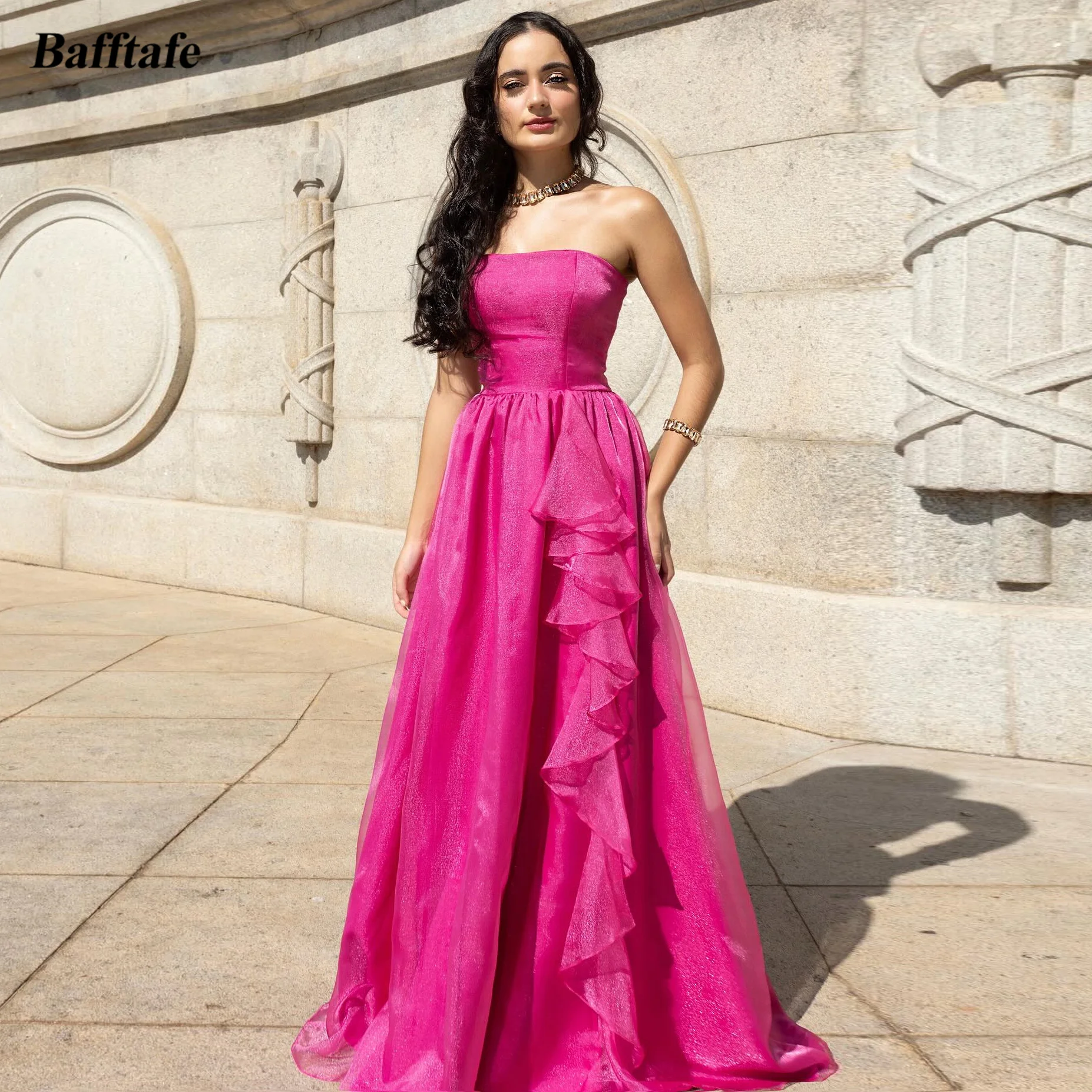 

Bafftafe Fuchsia Organza Prom Dresses Customized Strapless Draped Slit Women Evening Dress Formal Occasion Special Party Gowns