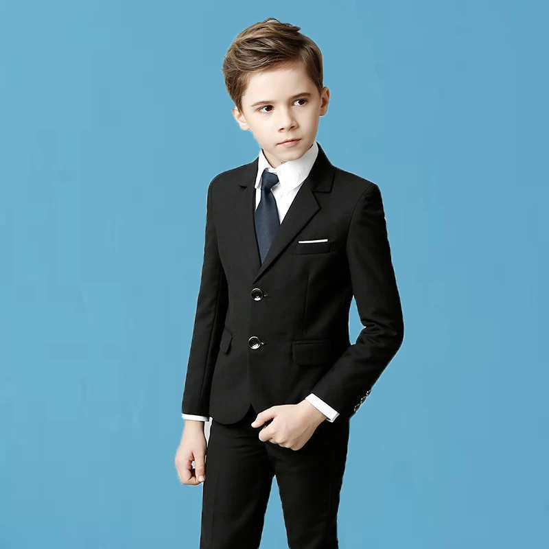 Children Formal Black Suit Flower Boys Wedding Dress Gentle Kids Birhtday Photograph Suit School Graduation Performance Costume