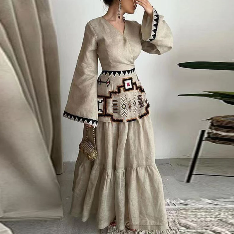 Elegant V Neck High Waist Pleated Long Dress Fashion Cotton Linen Ethnic Print Hem Dress Female Flare Sleeve Beach A-Line Dress