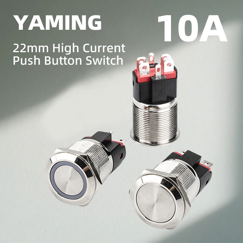 

22mm 10A High Current Metal Push Button Switch Flat Round 4/6 Pins With LED No Light 2 Positions Self-Locking Reset Waterproof