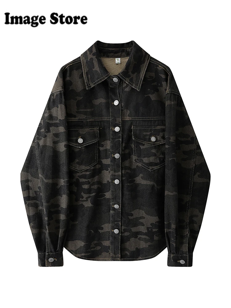 Women Japanese Tomboy Denim Jacket Camouflage Jean Coat Oversize Cowboy Outwear Y2k Streetwear Japanese Grunge Harajuku Unisex