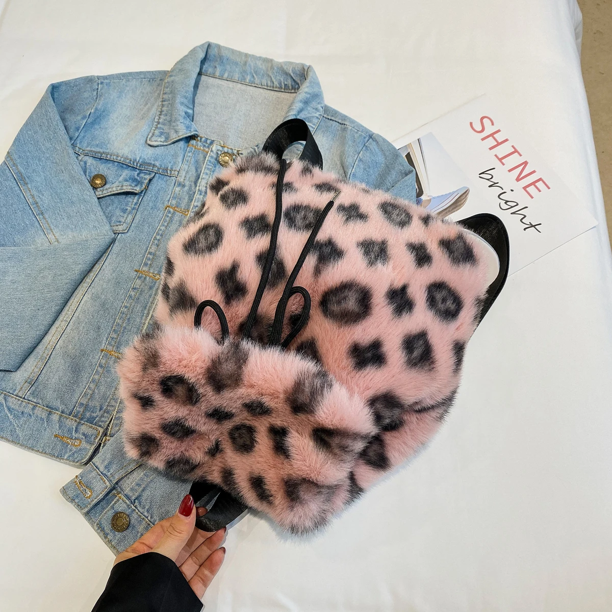 Autumn new ins leopard backpack niche design original fur bag casual plush cute backpack bag female cute