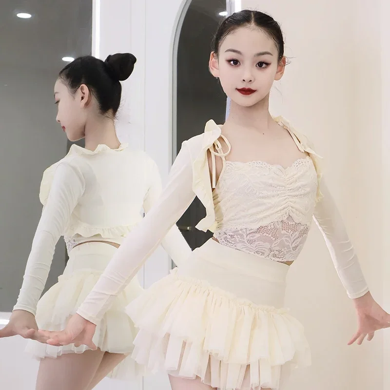 

Children Latin Dance Clothes Girls Long Sleeves Suit Black White Lace Dance Costume Practice Outfit Cha Cha Dance Wear