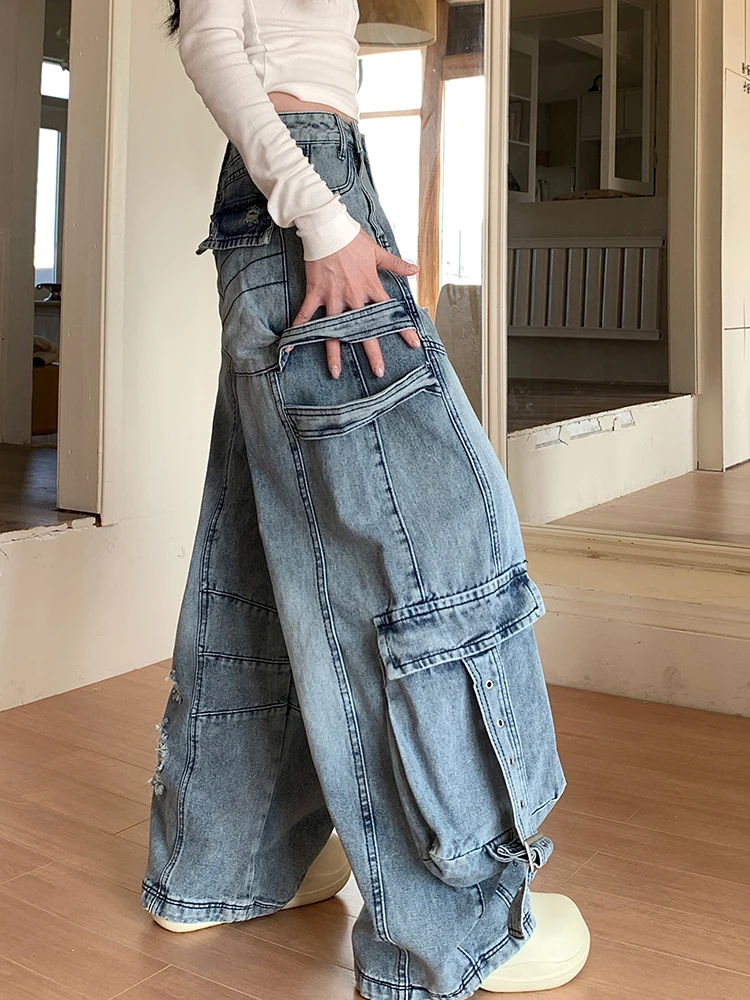 Vintage Baggy กางเกงยีนส์ผู้หญิงสูงเอวกว้างตรงขากางเกงยีนส์หลายกระเป๋า Denim กางเกงหญิงใหม่ Harajuku กางเกงกางเกงยีนส์