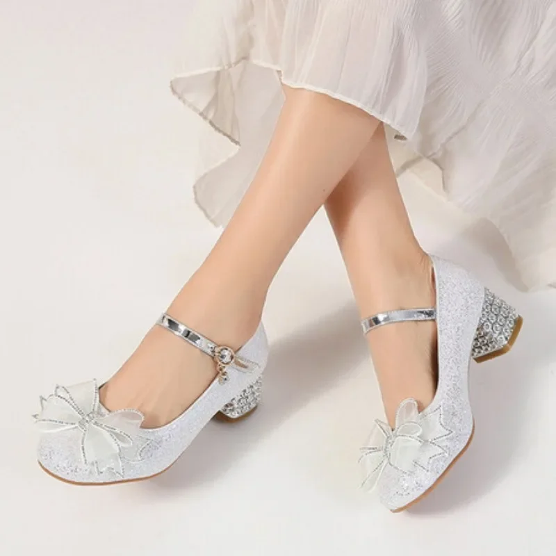 Neue Pailletten rosa Lolita Schuhe Prinzessin Schuhe Student niedlichen Mädchen klobigen Absatz Kristall Bogen Schuhe Silber Gold