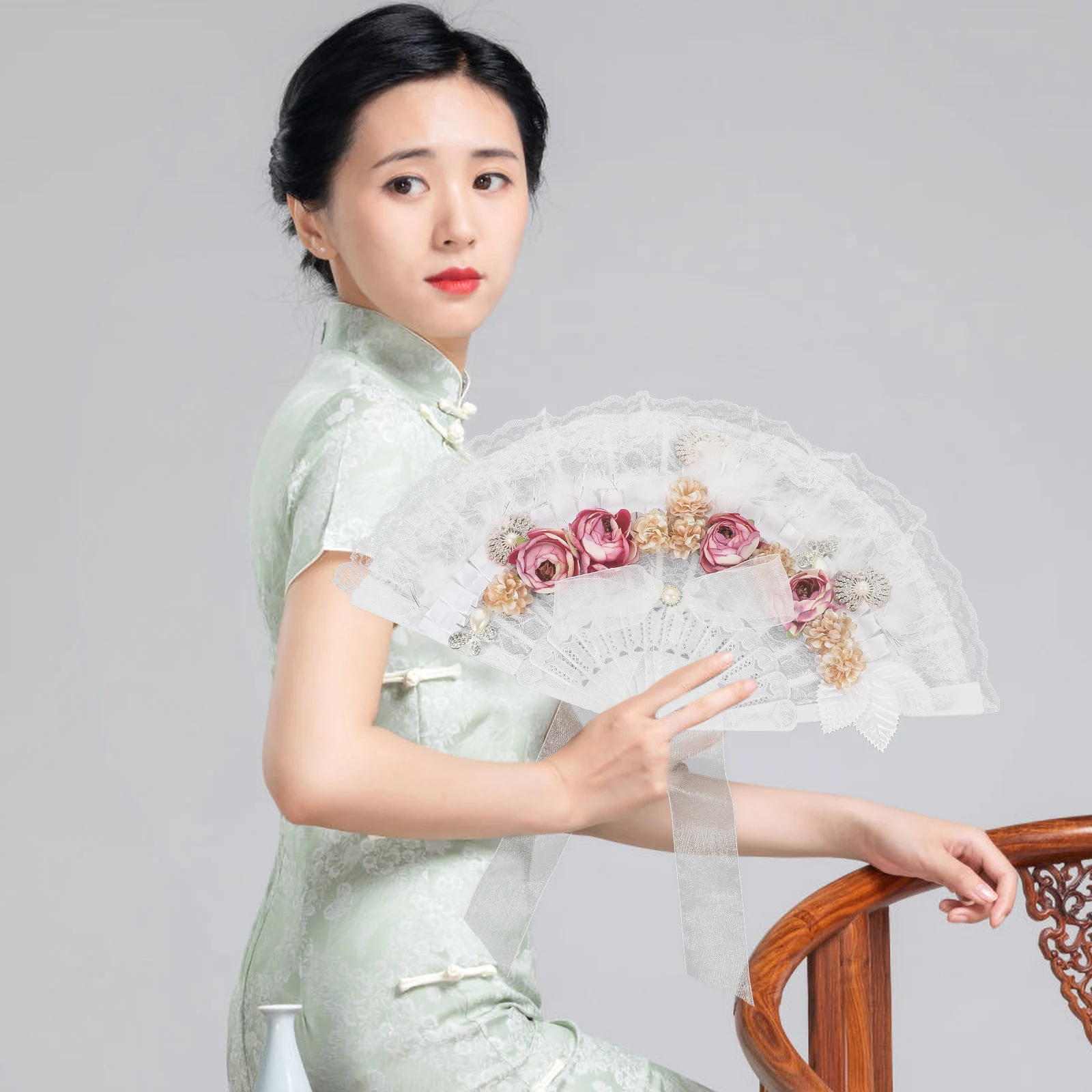 

Handheld Fan Flower Fans Foldable Lace Hold Decorate Bride White for