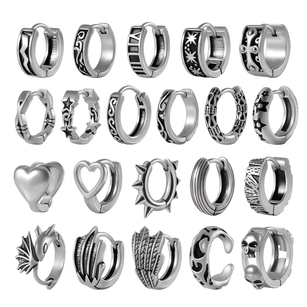 1PC Stainless Steel Gothic Ear Clicker Hoop Earrings For Unisex Punk Piercing Ear Hoop Jewelry 20G