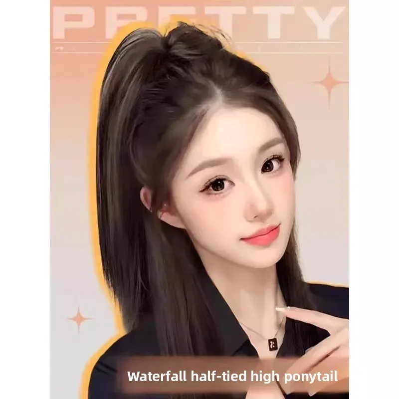 شعر طويل أنثى شعر مستعار ذيل كليب نافورة حظيرة الدجاج رئيس ضوء عالية ذيل حصان شعر مستعار للنساء ذيل الألياف الآسيوية