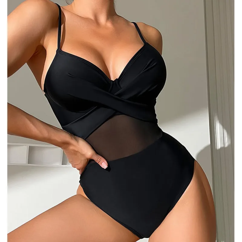 2024 Black Net Sexy One Piece Swimsuits Closed Women\'s Swimwear Push Up Swimming Wear Body Bathing Suit Beachwear Pool Bather