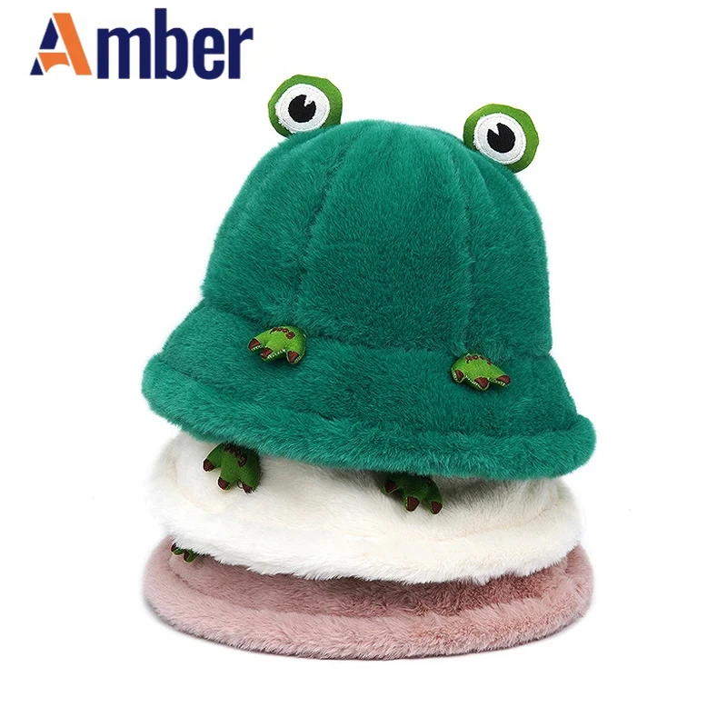 

Amber Frog Plush Bucket Hat Panama Funny Winter Hat For Women Cartoon Fisherman Hats Warm Winter Autumn Fuzzy Lambs Cap Gorras